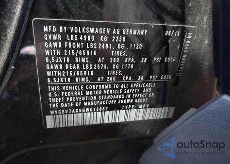 2016 Volkswagen Tiguan S из США, поврежденный, VIN WVGBV7AX5GW013862